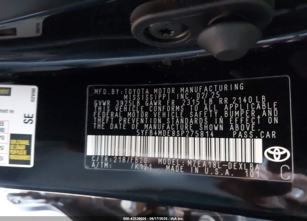 2025 TOYOTA COROLLA VIN: 5YFB4MDE8SP275814
