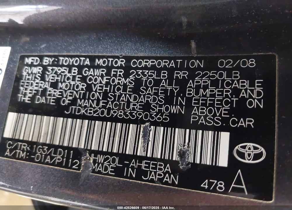 2008 TOYOTA PRIUS VIN: JTDKB20U983390365