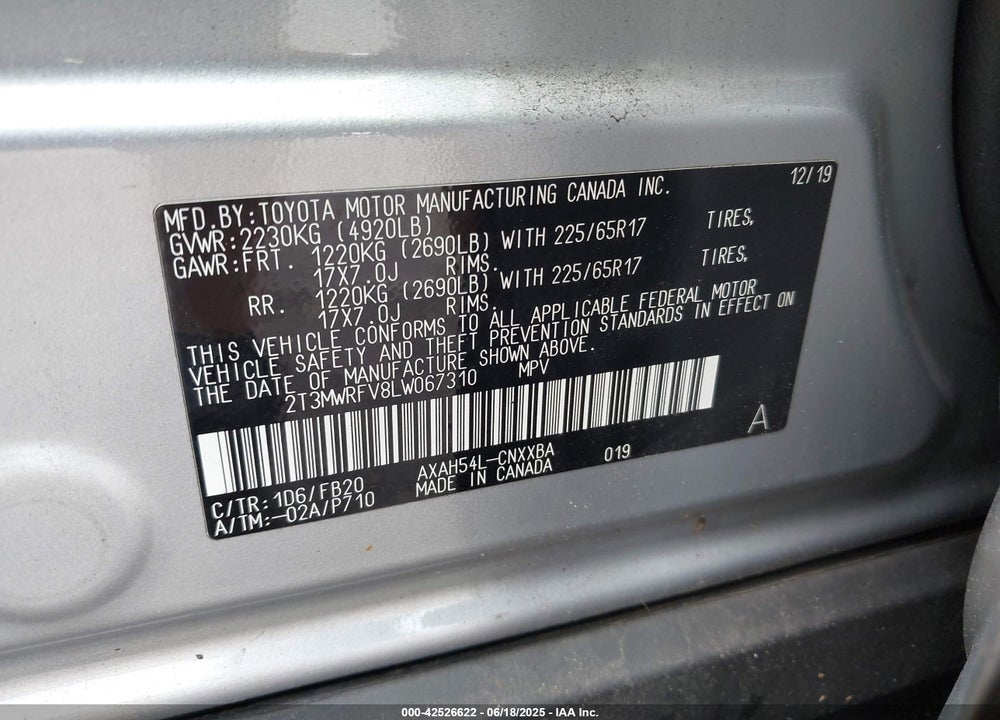 2020 TOYOTA RAV4 HYBRID VIN: 2T3MWRFV8LW067310