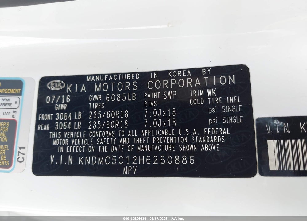 2017 KIA SEDONA EX VIN: KNDMC5C12H6260886