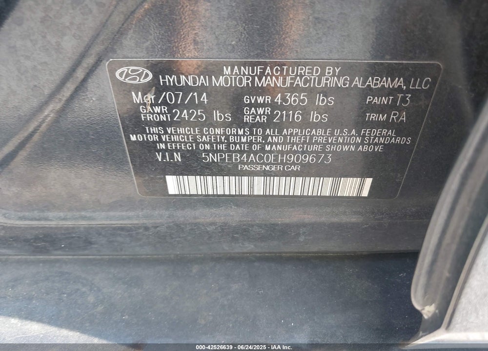 2014 HYUNDAI SONATA VIN: 5NPEB4AC0EH909673