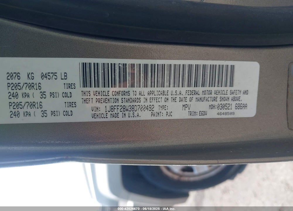 2008 JEEP PATRIOT VIN: 1J8FF28W38D700492