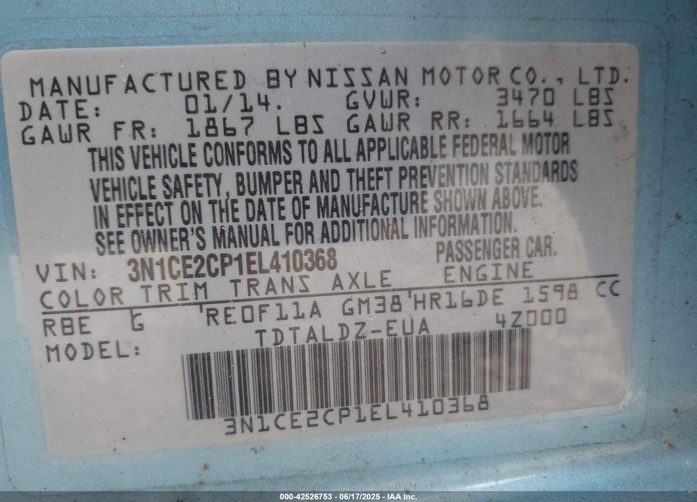 2014 NISSAN VERSA NOTE SV VIN: 3N1CE2CP1EL410368