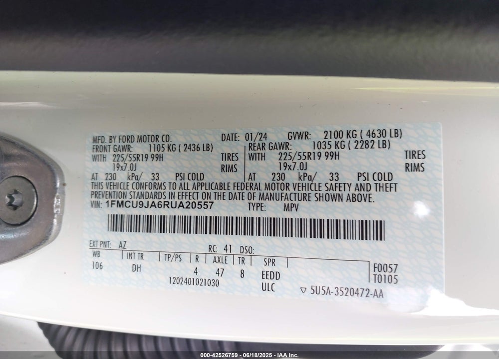 2024 FORD ESCAPE VIN: 1FMCU9JA6RUA20557
