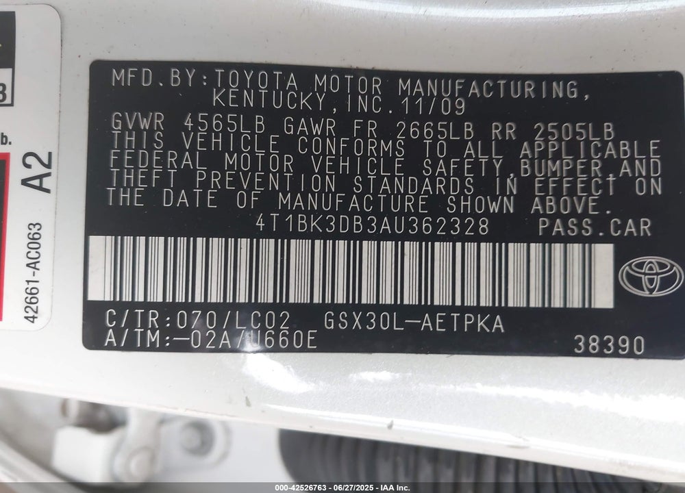 2010 TOYOTA AVALON VIN: 4T1BK3DB3AU362328