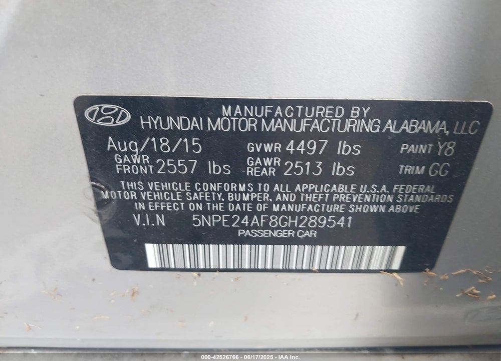 2016 HYUNDAI SONATA VIN: 5NPE24AF8GH289541