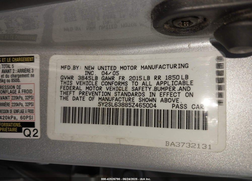 2005 PONTIAC VIBE VIN: 5Y2SL63885Z465004