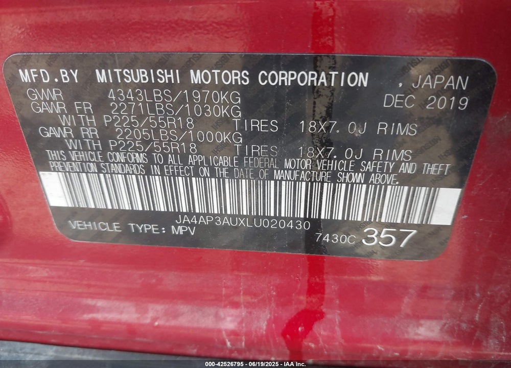 2020 MITSUBISHI OUTLANDER SPORT VIN: JA4AP3AUXLU020430