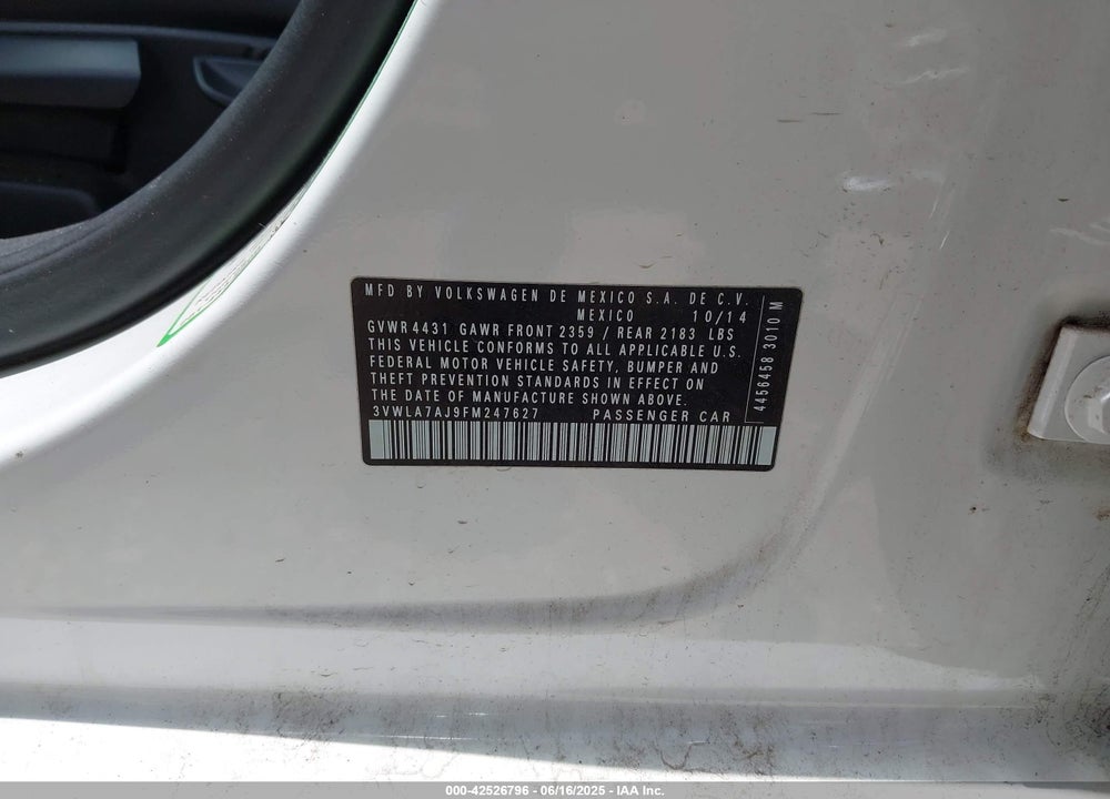 2015 VOLKSWAGEN JETTA VIN: 3VWLA7AJ9FM247627