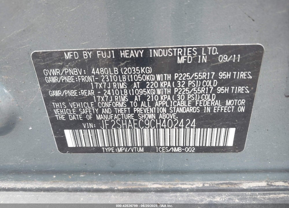 2012 SUBARU FORESTER VIN: JF2SHAEC9CH402424