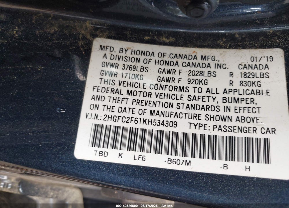 2019 HONDA CIVIC LX VIN: 2HGFC2F61KH534309
