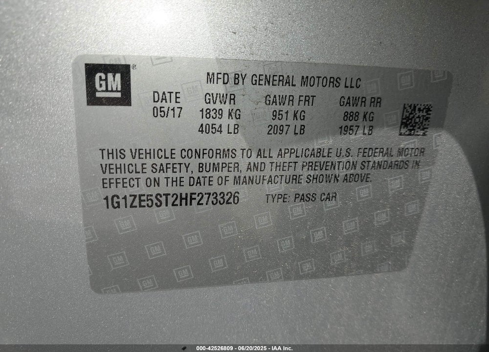 2017 CHEVROLET MALIBU VIN: 1G1ZE5ST2HF273326