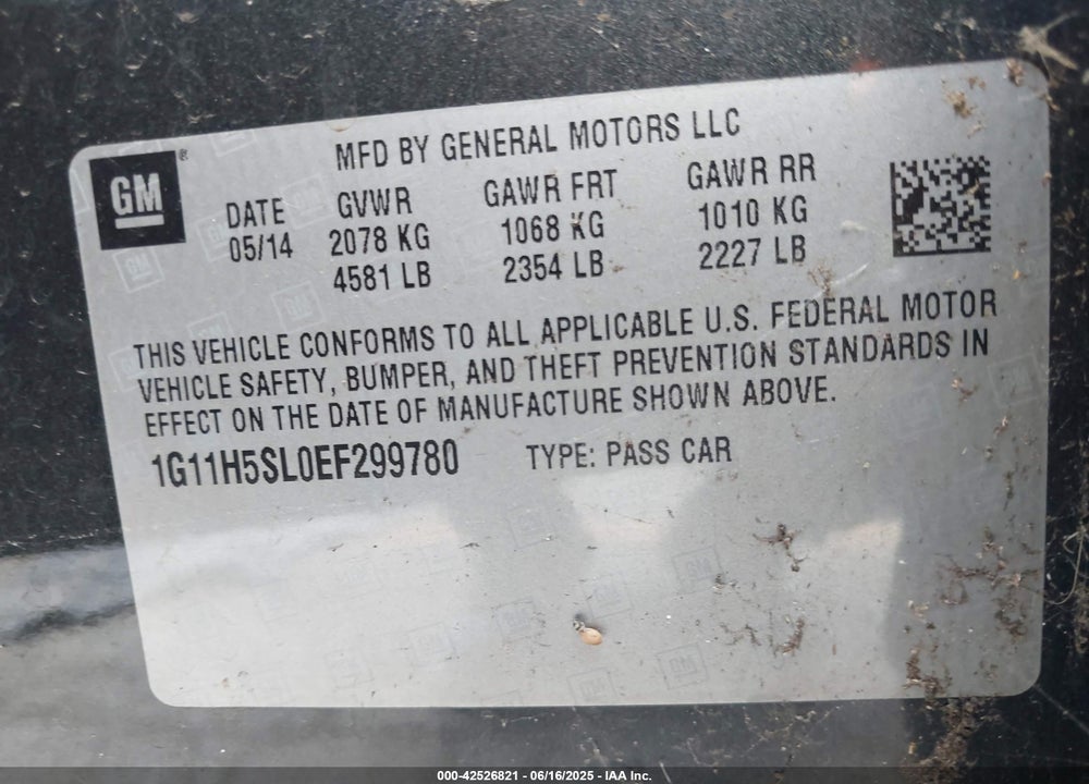 2014 CHEVROLET MALIBU VIN: 1G11H5SL0EF299780
