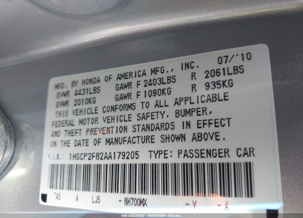 2010 HONDA ACCORD 2.4 EX-L VIN: 1HGCP2F82AA179205
