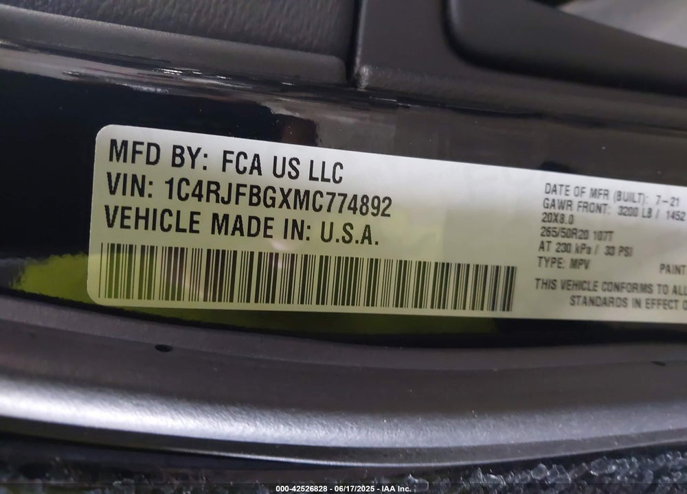 2021 JEEP GRAND CHEROKEE VIN: 1C4RJFBGXMC774892
