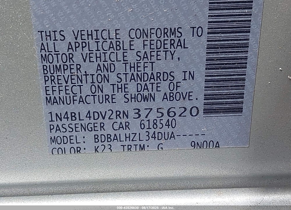 2024 NISSAN ALTIMA SV FWD VIN: 1N4BL4DV2RN375620