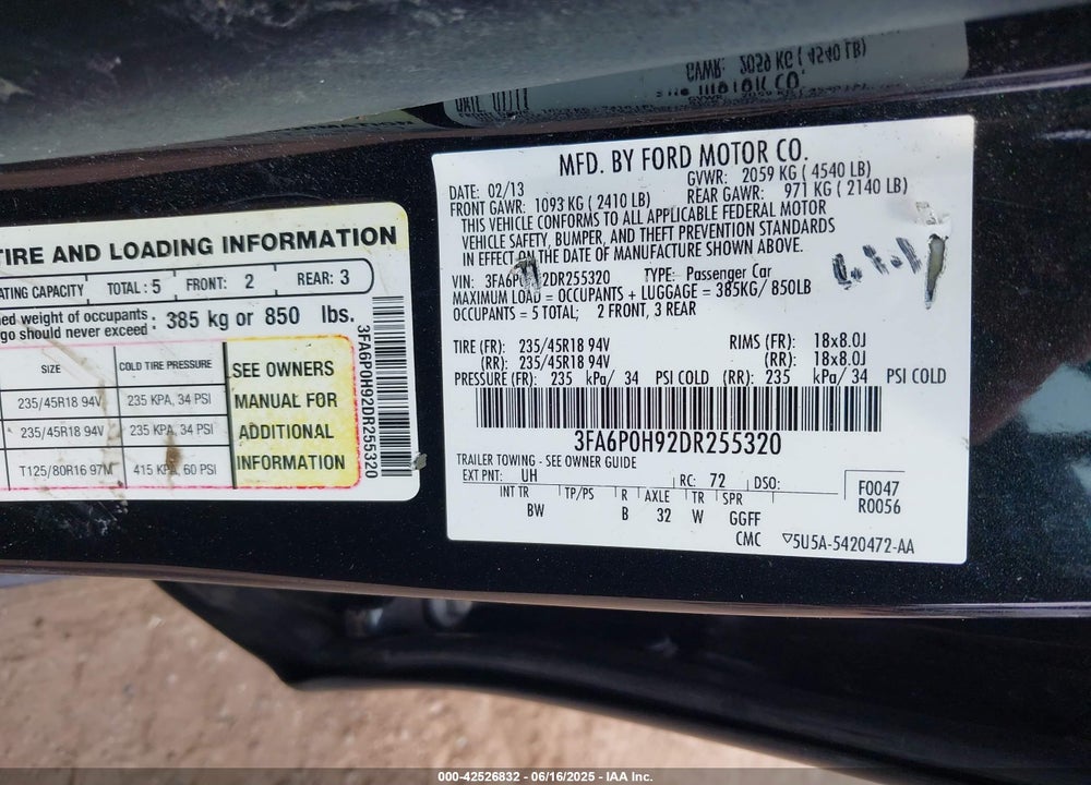 2013 FORD FUSION SE VIN: 3FA6P0H92DR255320