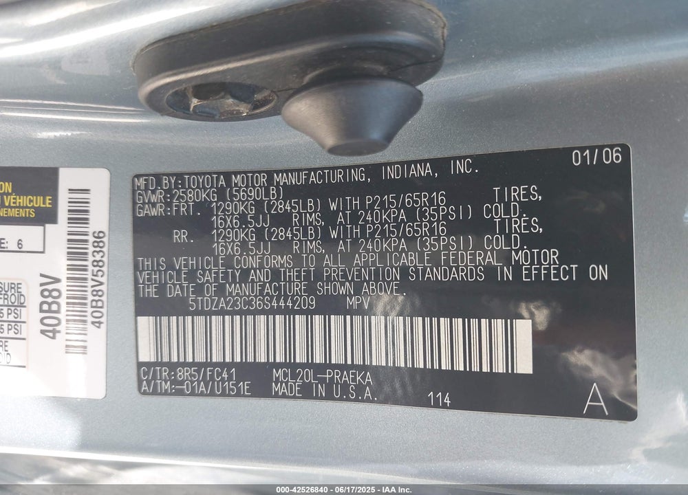 2006 TOYOTA SIENNA LE VIN: 5TDZA23C36S444209