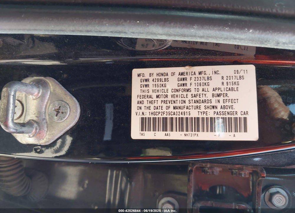 2012 HONDA ACCORD VIN: 1HGCP2F35CA024915