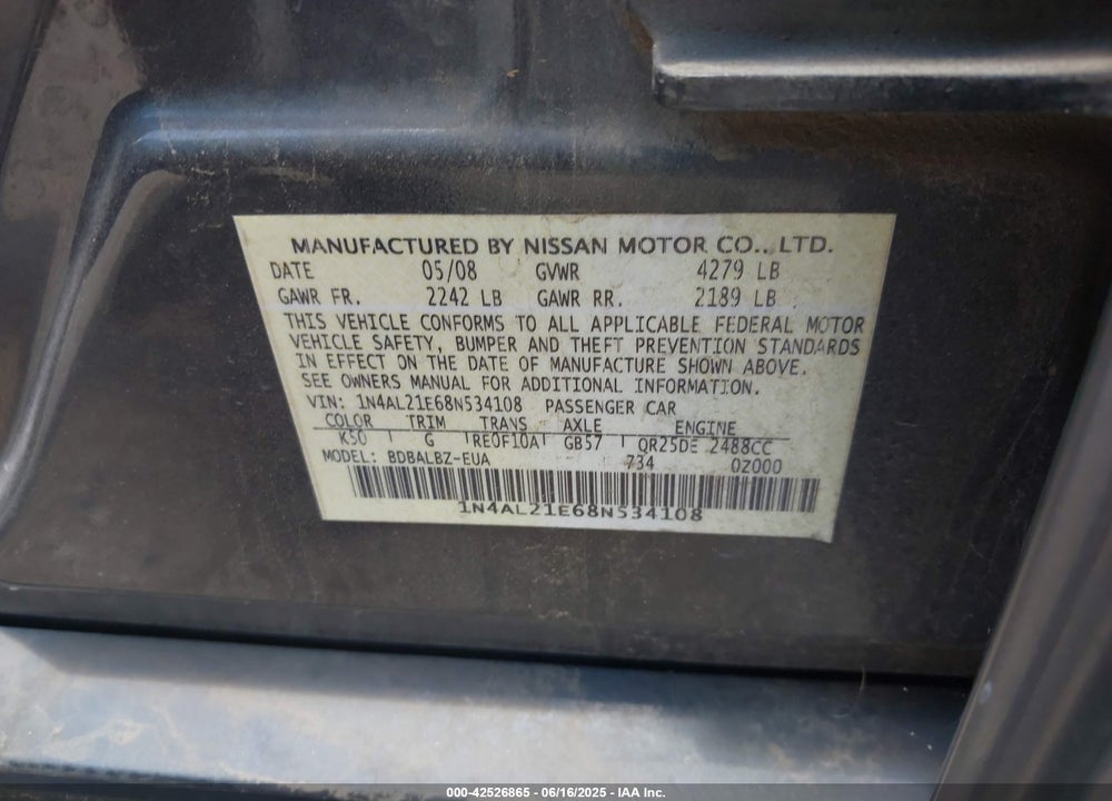 2008 NISSAN ALTIMA 2.5 S VIN: 1N4AL21E68N534108