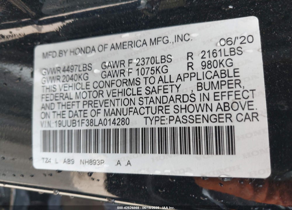 2020 ACURA TLX VIN: 19UUB1F38LA014280