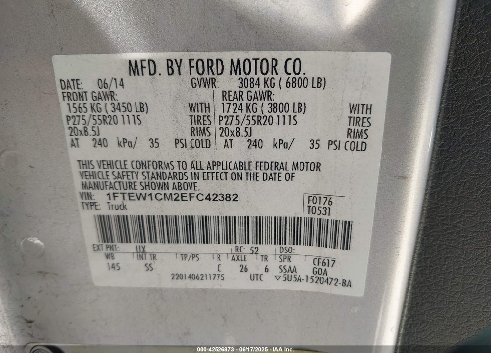 2014 FORD F150 VIN: 1FTEW1CM2EFC42382