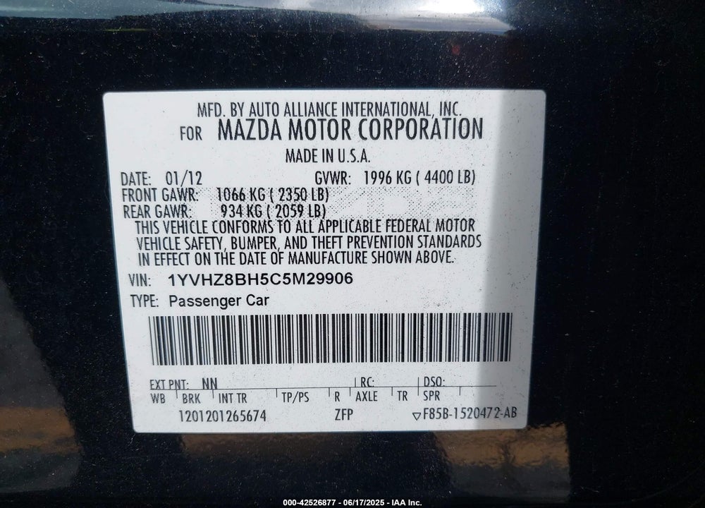 2012 MAZDA 6 VIN: 1YVHZ8BH5C5M29906