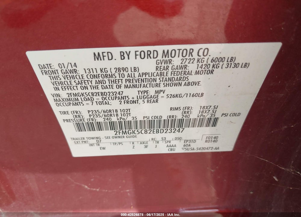 2014 FORD FLEX SEL VIN: 2FMGK5C82EBD23247