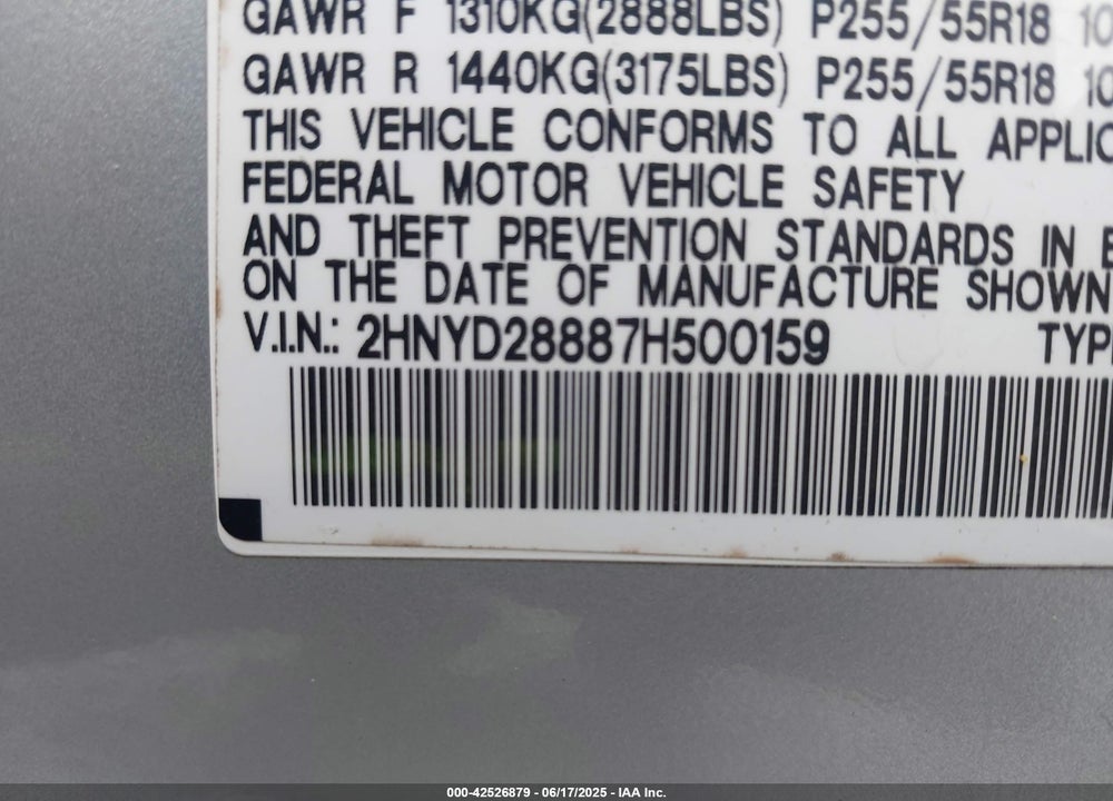 2007 ACURA MDX SPORT PACKAGE VIN: 2HNYD28887H500159