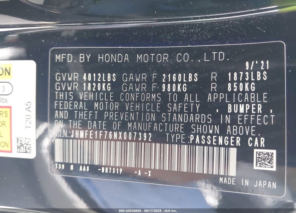 2022 HONDA CIVIC VIN: JHMFE1F76NX007392