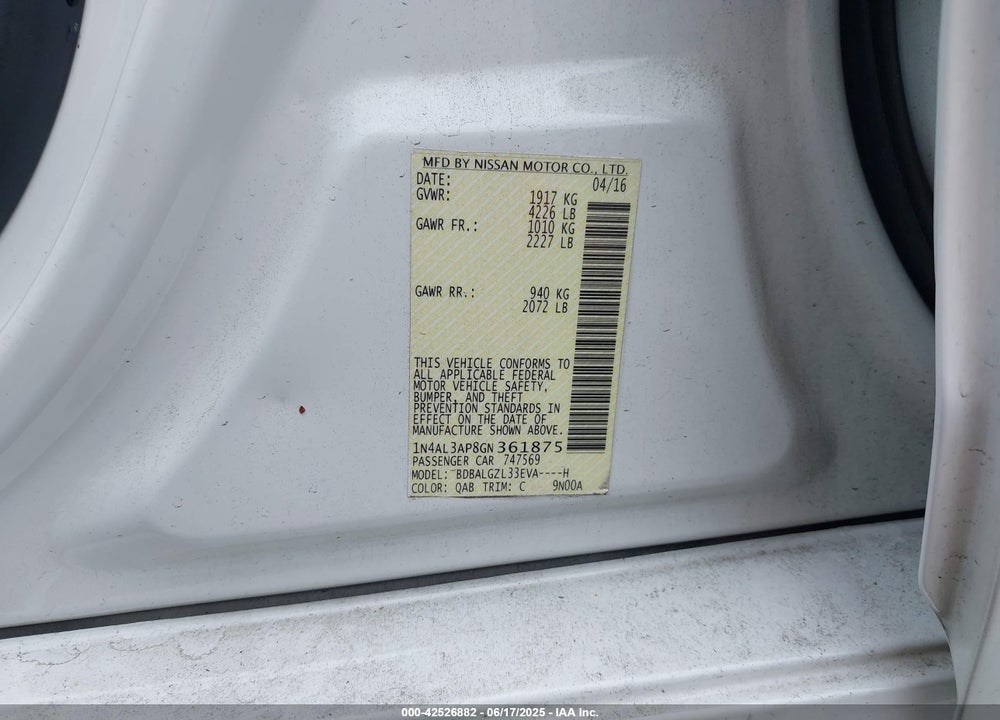 2016 NISSAN ALTIMA VIN: 1N4AL3AP8GN361875