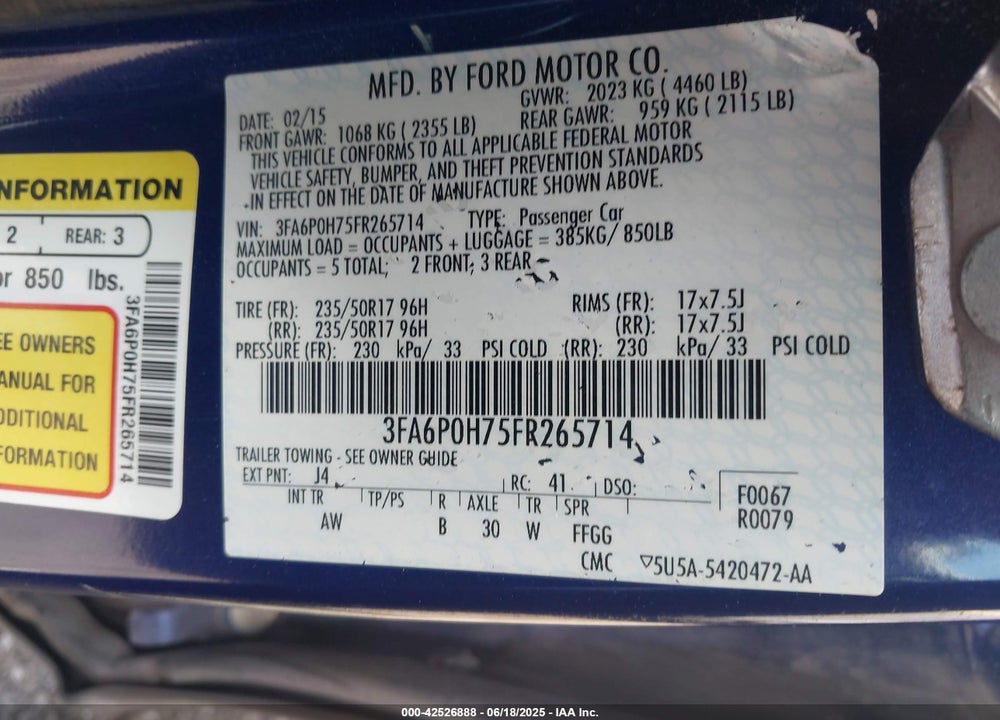 2015 FORD FUSION VIN: 3FA6P0H75FR265714
