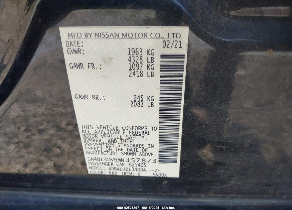 2021 NISSAN ALTIMA VIN: 1N4BL4DV6MN357873