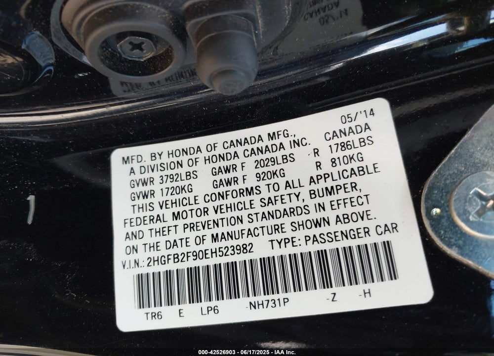 2014 HONDA CIVIC VIN: 2HGFB2F90EH523982