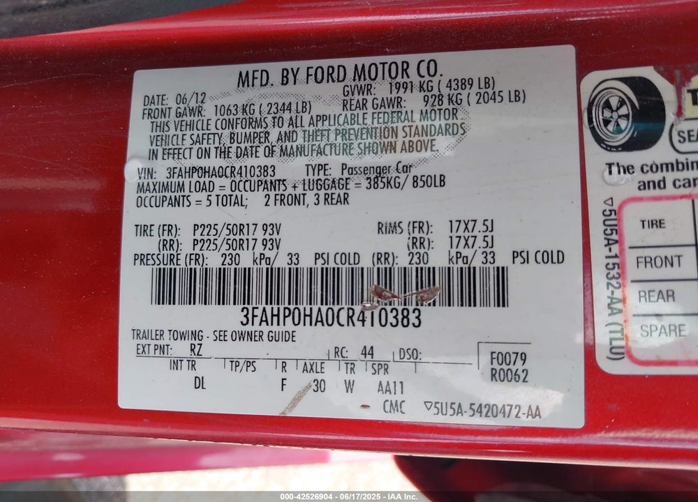 2012 FORD FUSION VIN: 3FAHP0HA0CR410383