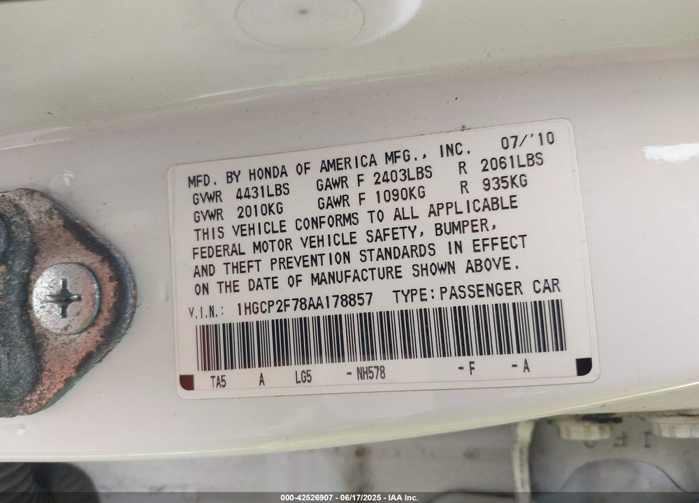 2010 HONDA ACCORD VIN: 1HGCP2F78AA178857