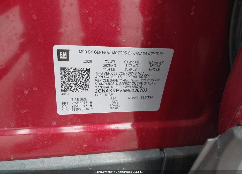 2021 CHEVROLET EQUINOX VIN: 2GNAXKEV5M6138783