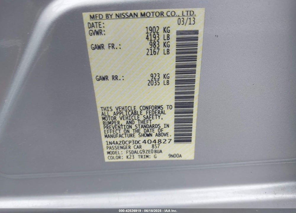 2013 NISSAN LEAF SL VIN: 1N4AZ0CP3DC404827