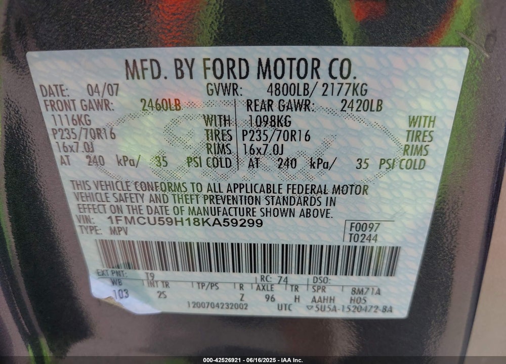2008 FORD ESCAPE HYBRID VIN: 1FMCU59H18KA59299