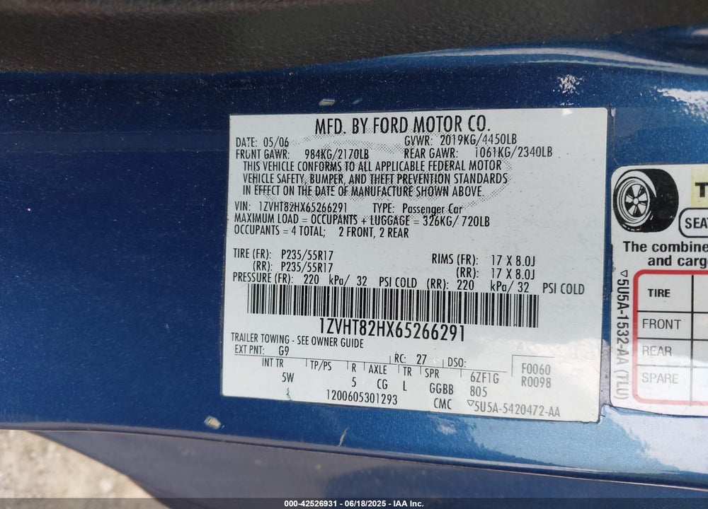 2006 FORD MUSTANG GT VIN: 1ZVHT82HX65266291