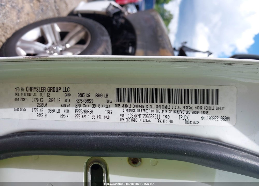 2013 RAM 1500 VIN: 1C6RR7MT7DS537511