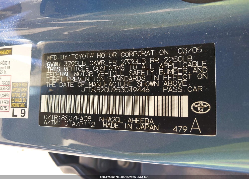 2005 TOYOTA PRIUS VIN: JTDKB20U953049446