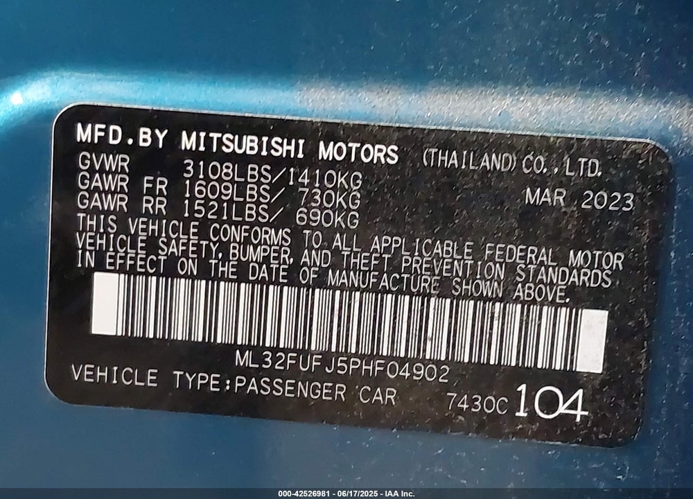 2023 MITSUBISHI MIRAGE G4 VIN: ML32FUFJ5PHF04902