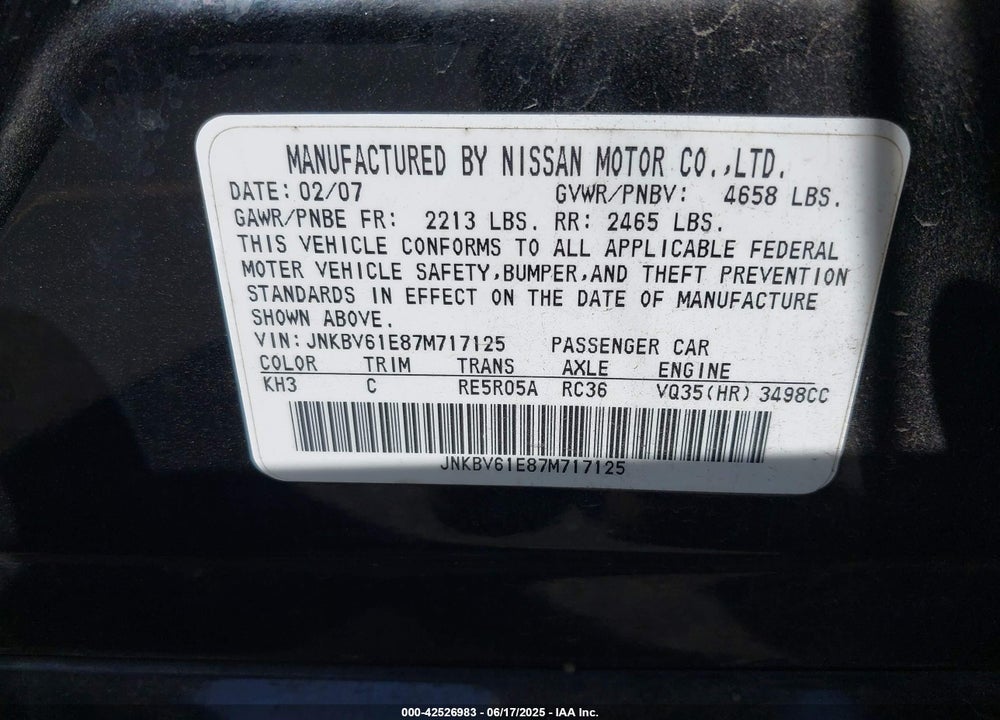 2007 INFINITI G35 VIN: JNKBV61E87M717125