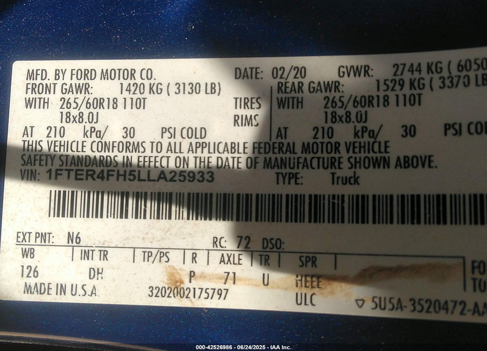 2020 FORD RANGER VIN: 1FTER4FH5LLA25933