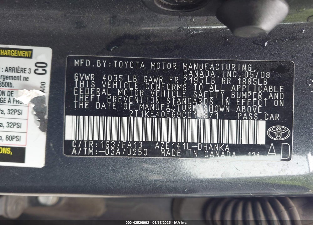 2009 TOYOTA MATRIX S VIN: 2T1KE40E69C017871