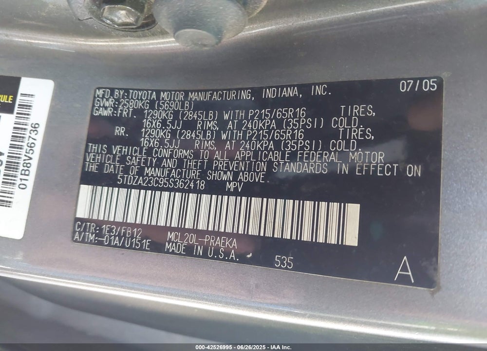2005 TOYOTA SIENNA LE VIN: 5TDZA23C95S362418
