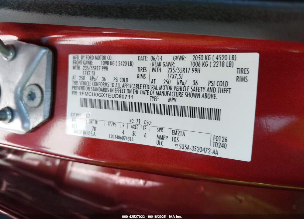 2014 FORD ESCAPE VIN: 1FMCU0GX1EUD80711