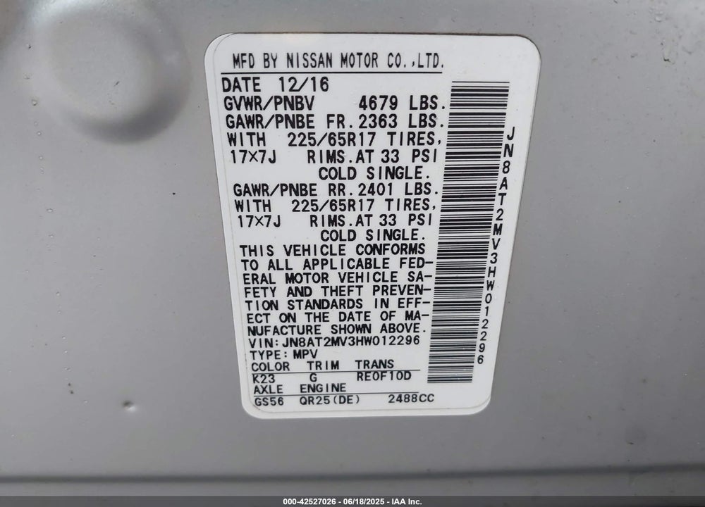 2017 NISSAN ROGUE VIN: JN8AT2MV3HW012296