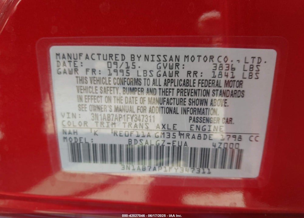 2015 NISSAN SENTRA FE+ S/S/SL/SR/SV VIN: 3N1AB7AP1FY347311
